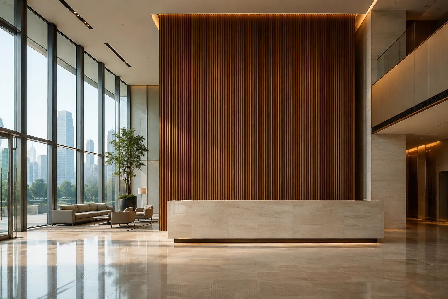 Reception lobby of a modern office, stone desk against a fluted wood wall.
