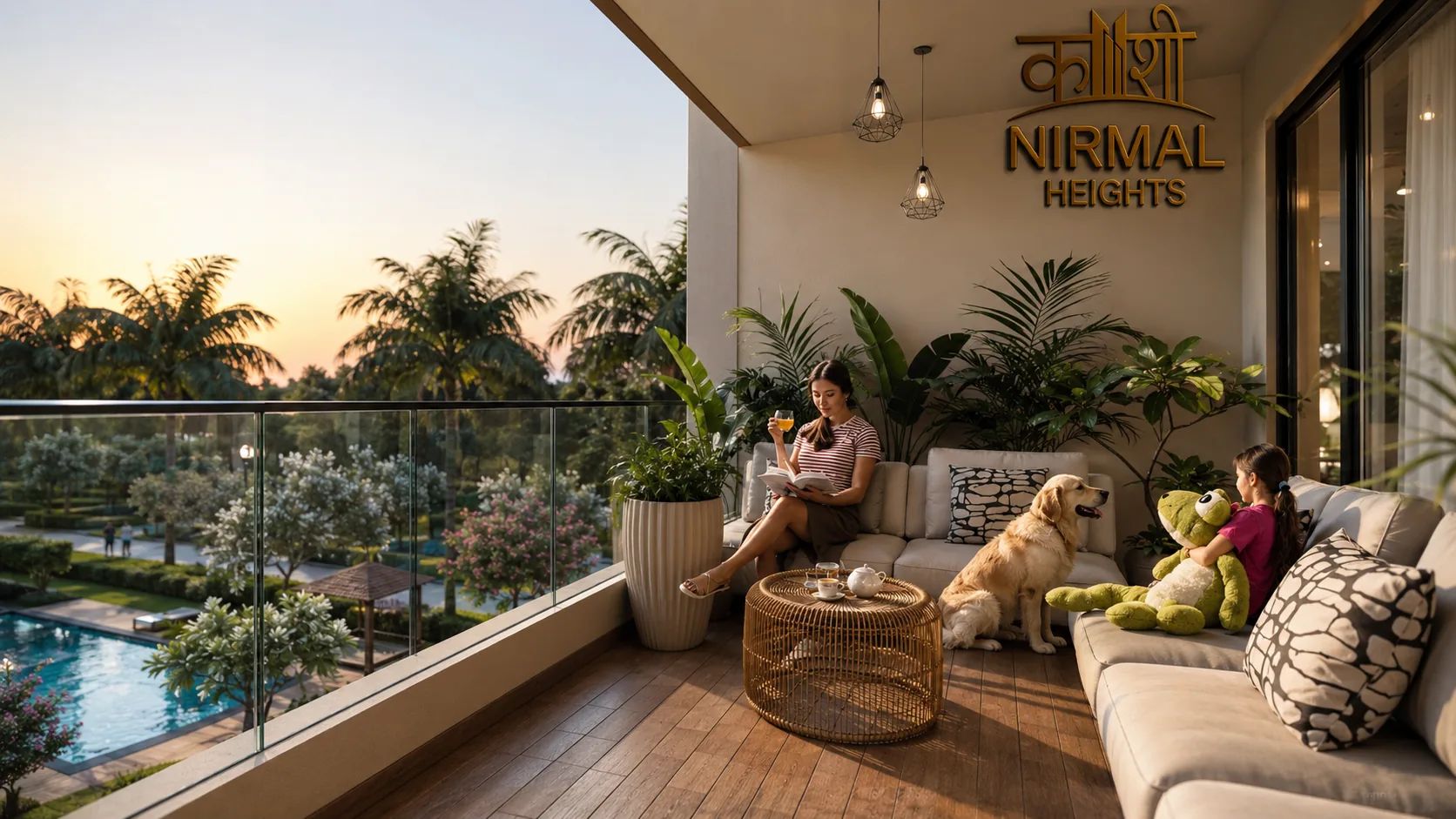 A balcony at dusk, over the pool and the landscaping.