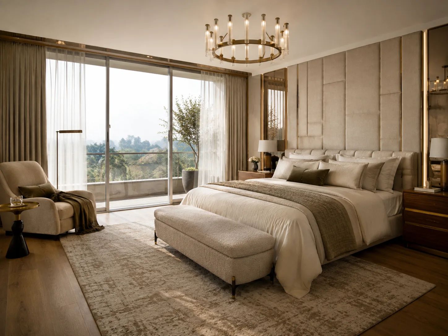 A bedroom on an upper floor, opening to the balcony.