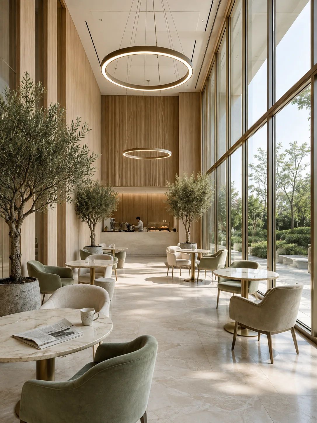 The club house cafe, under the double-height glass.