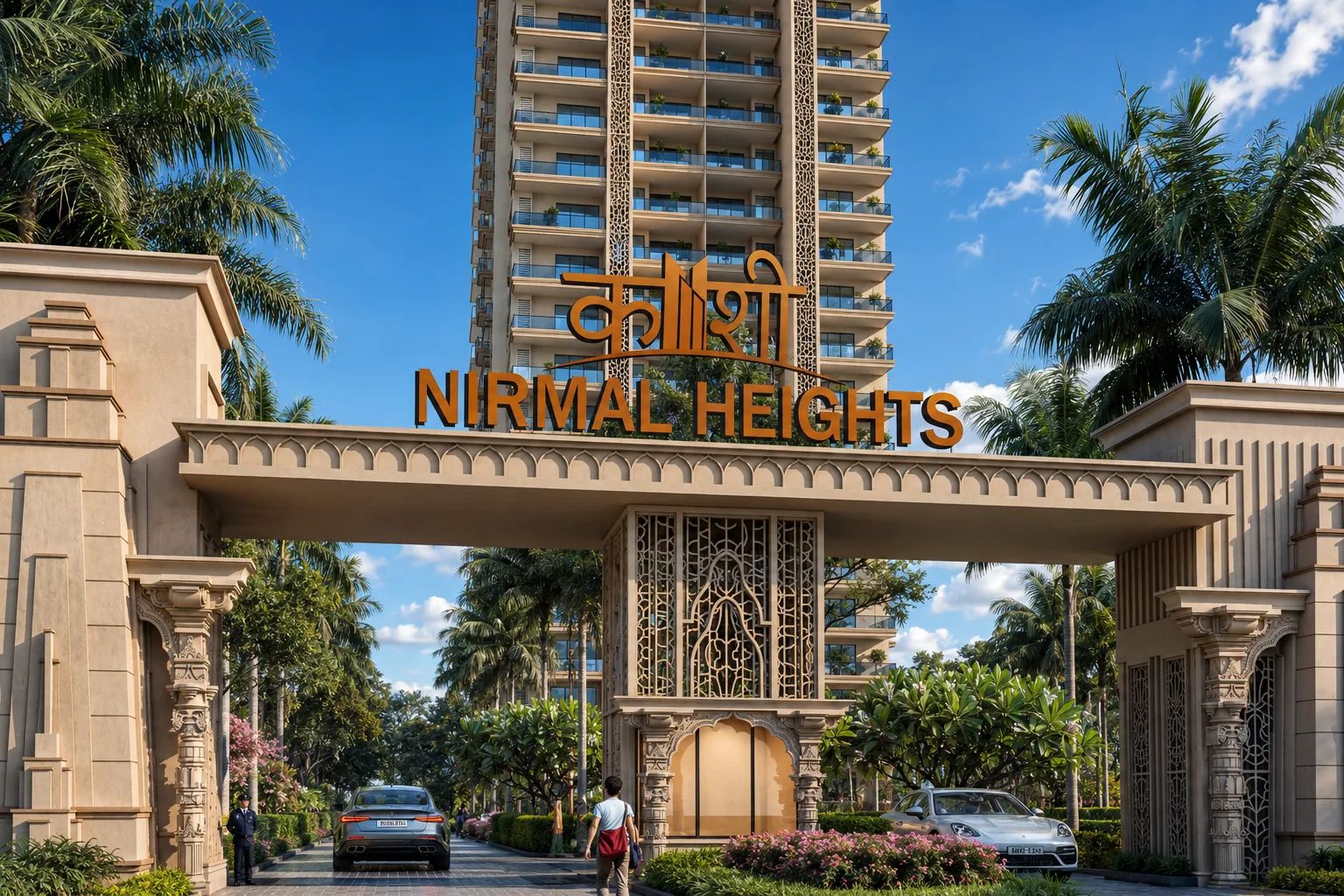 The entrance gate, the name over it and a tower behind.