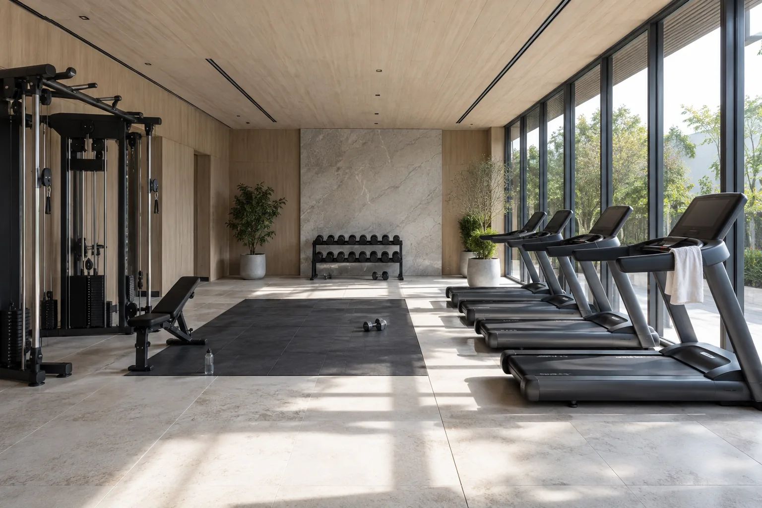 The gymnasium, looking out over the landscaping.