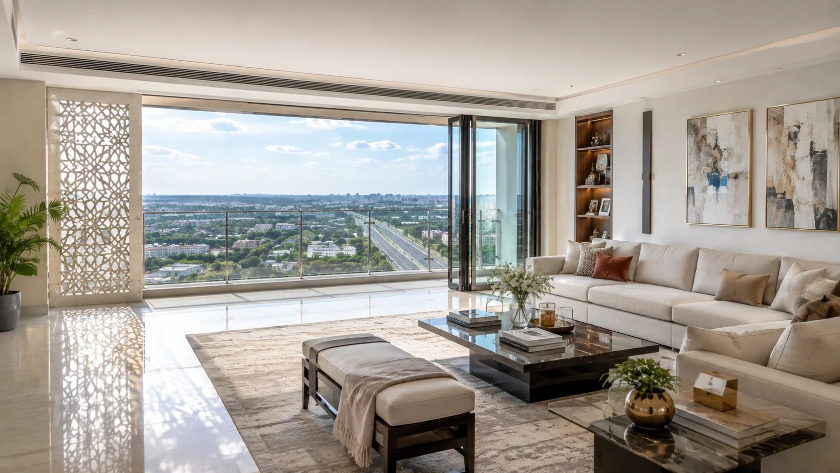 A living room on an upper floor, opening to the ring road view.