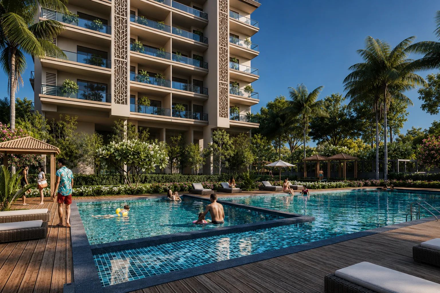 The pool, a tower standing over it.