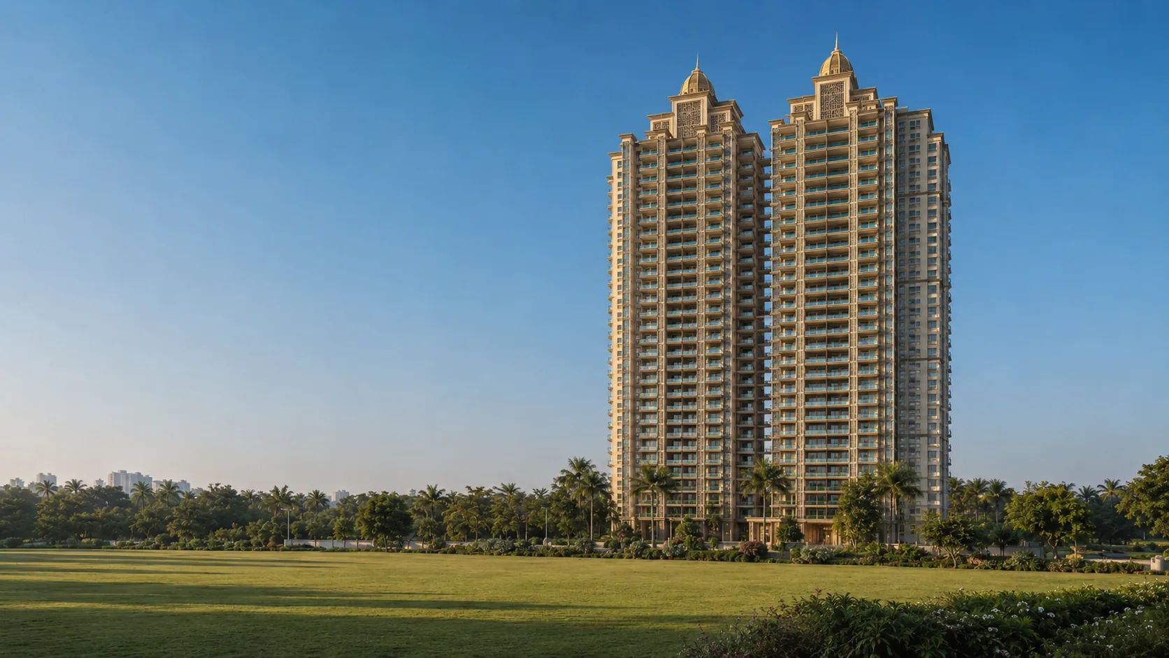 The towers across the open lawn, late afternoon.