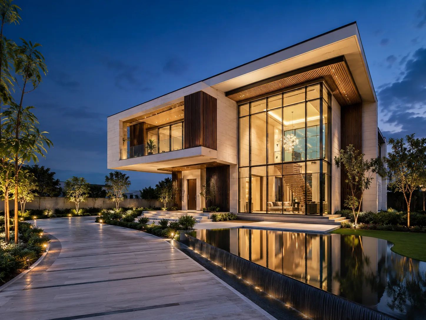 Modern villa at dusk, illustrative image.