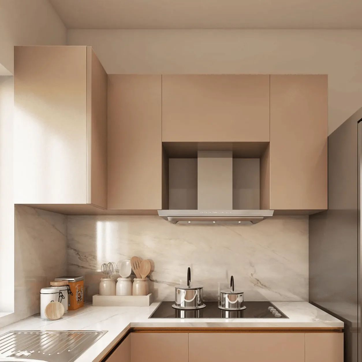 A kitchen, and the hill through the window.