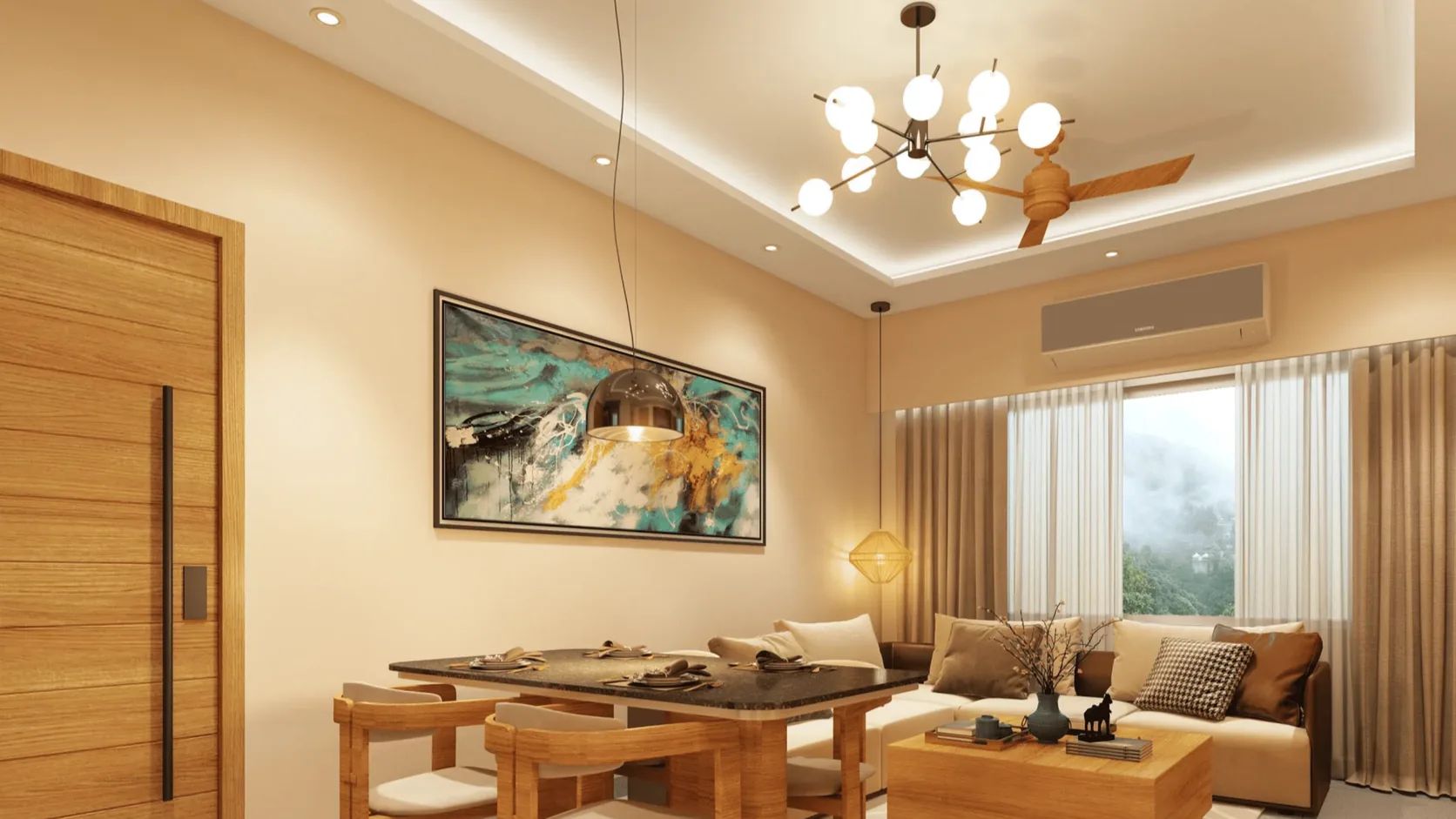 A living and dining room, opening to the hill.