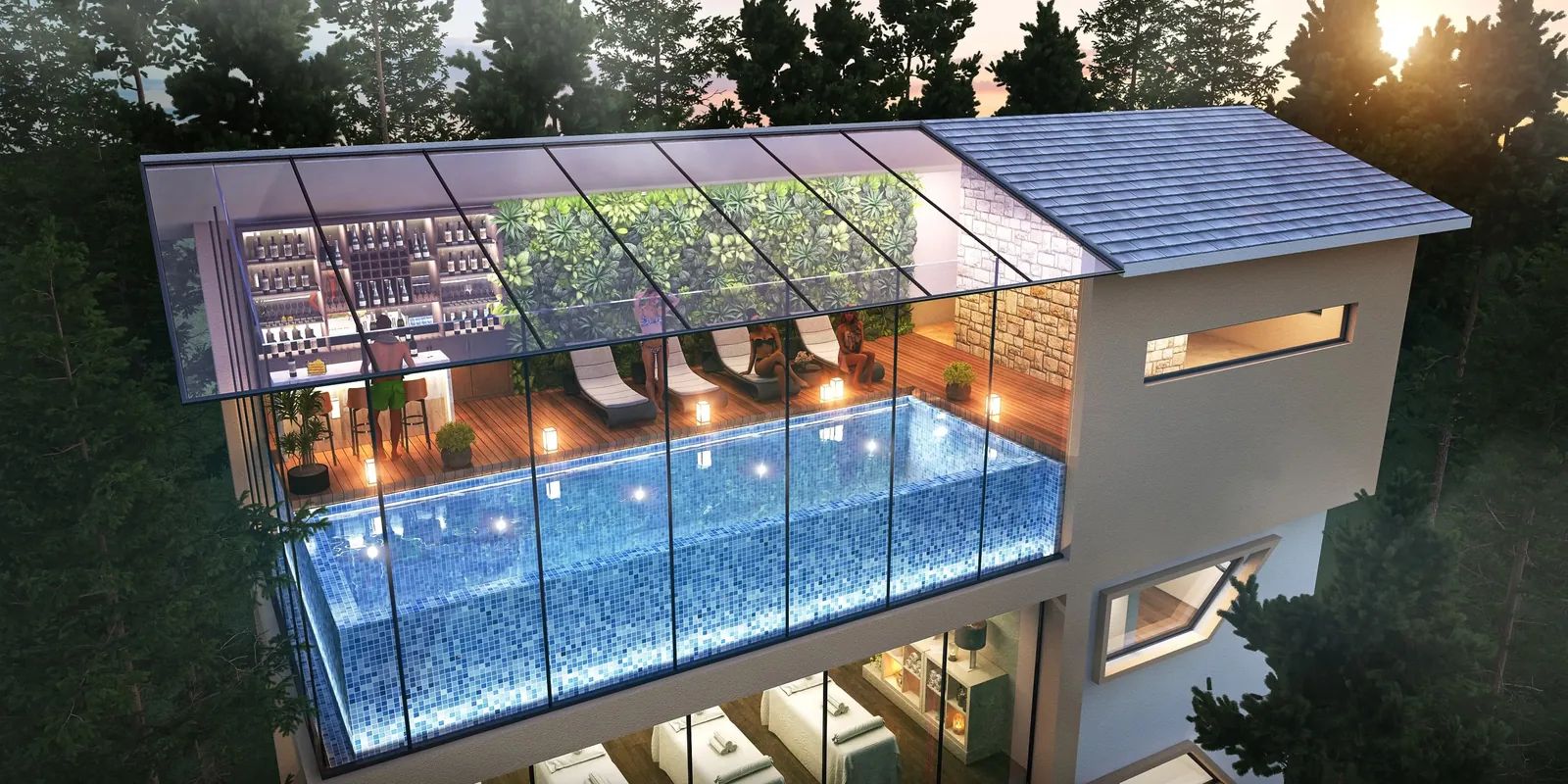 The rooftop infinity pool, at the top of the club house.
