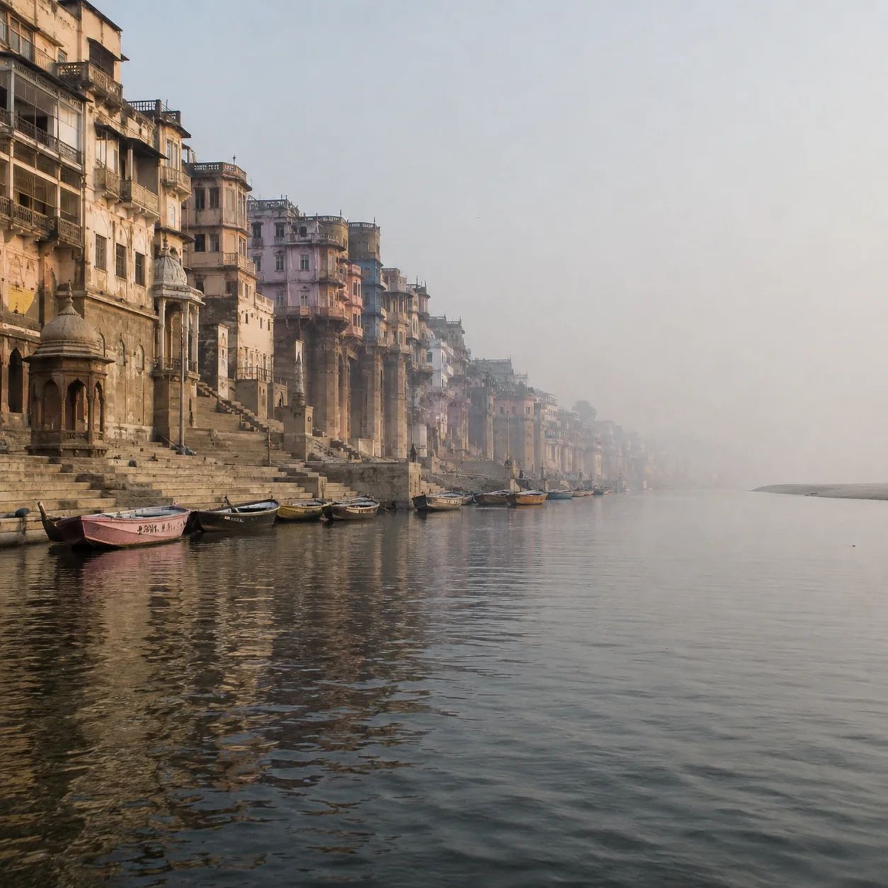 Boats moored below the ghats, the river running out into mist.