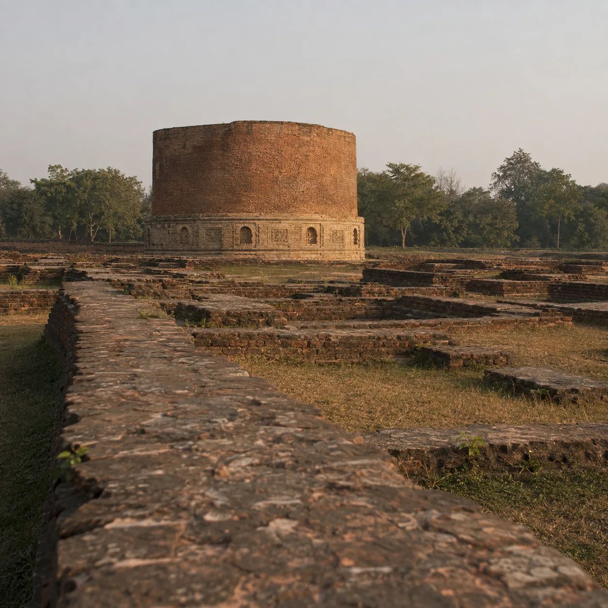 The stupa at Sarnath, standing in the excavated foundations.